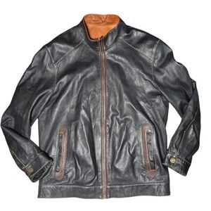 Lucky Rabbit Mens Black brown Cafe Racer Moto Jacket Brown Trim Size 48 L vegan?